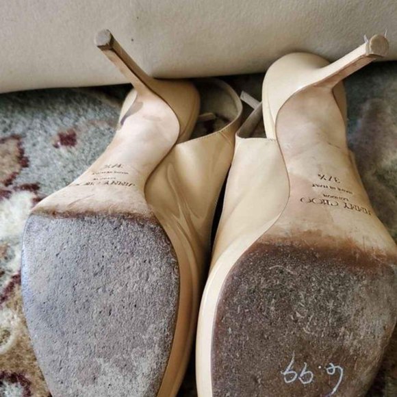 JIMMY CHOO 'NOVA' NUDE PATENT PEEP-TOE SLING BACK HIGH HEEL W/ PLATFORM SZ 7.5 - Picture 6 of 6